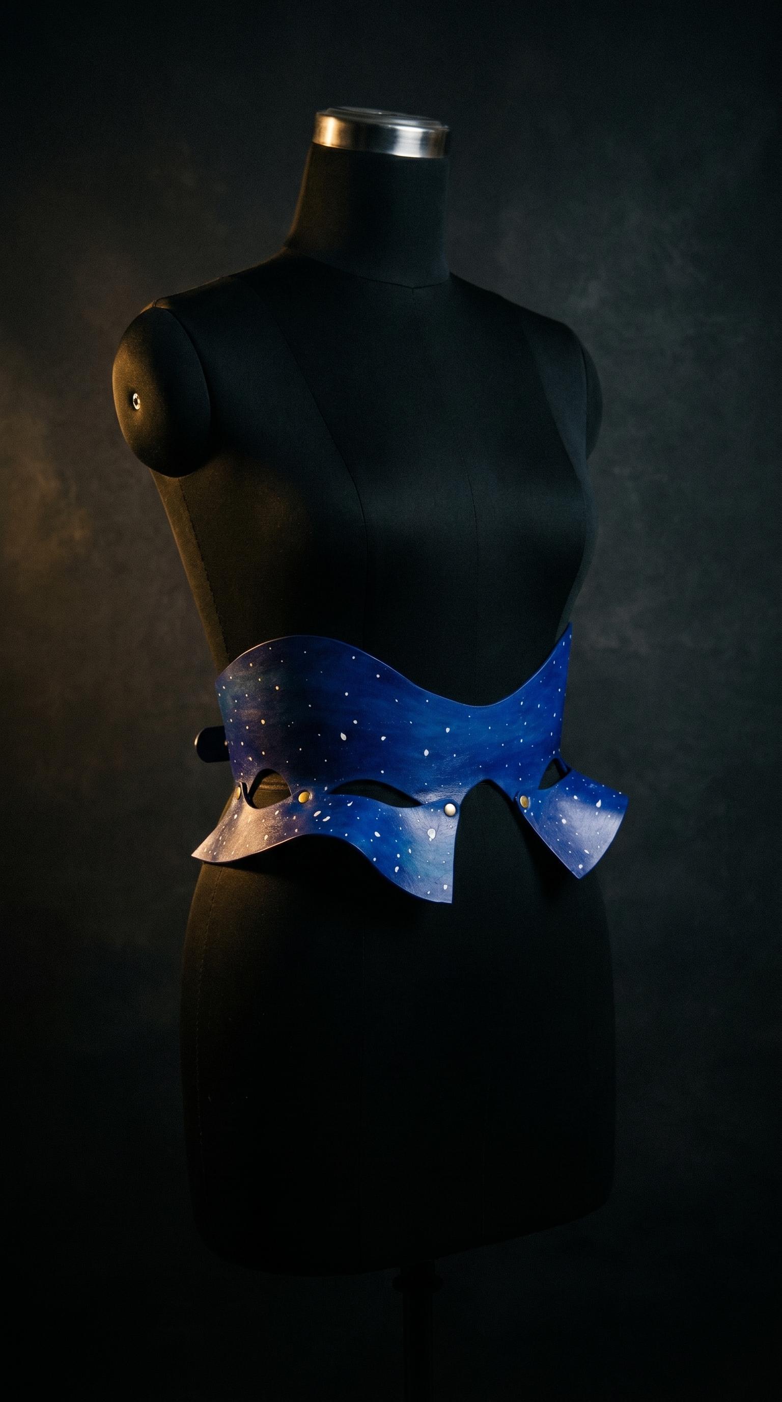 Kalpana peplum corset in deep blue hand-painted leather with celestial stars design
